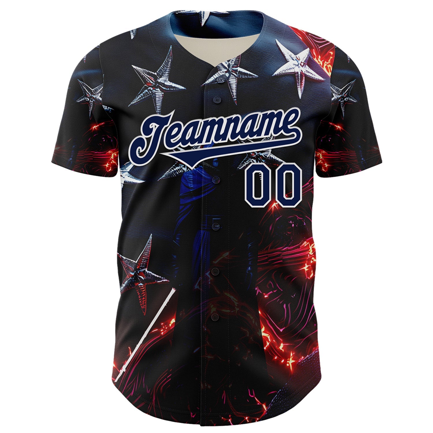 Custom Blue Navy-White 3D Pattern Design Outer Space Light Swords American Flag Authentic Baseball Jersey view 2