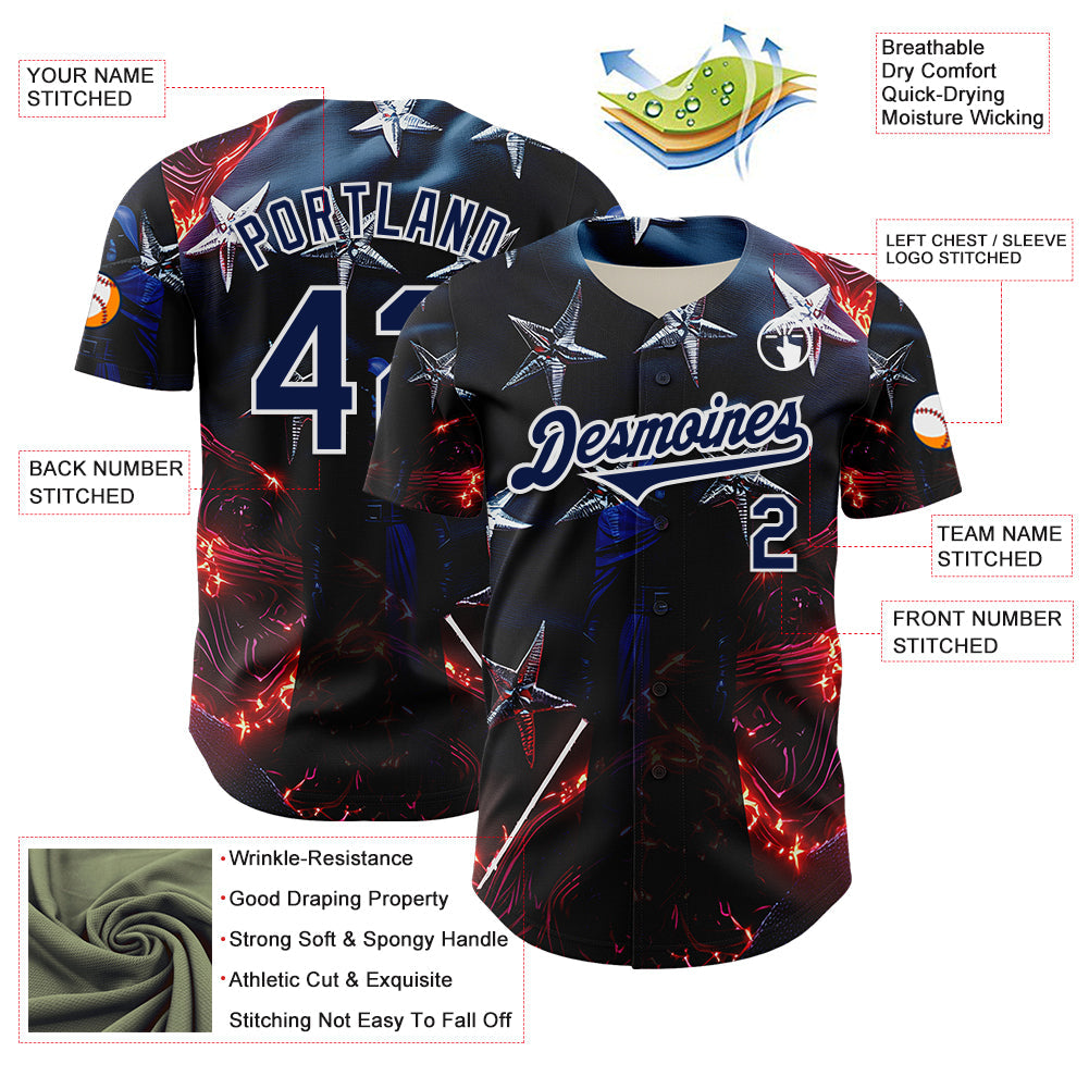 Custom Blue Navy-White 3D Pattern Design Outer Space Light Swords American Flag Authentic Baseball Jersey view 3