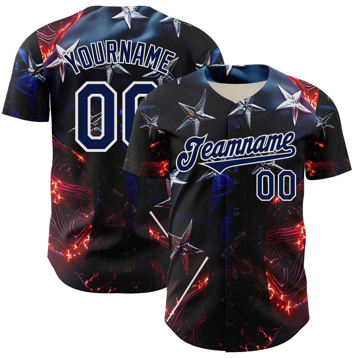 Custom Blue Navy-White 3D Pattern Design Outer Space Light Swords American Flag Authentic Baseball Jersey - Main View