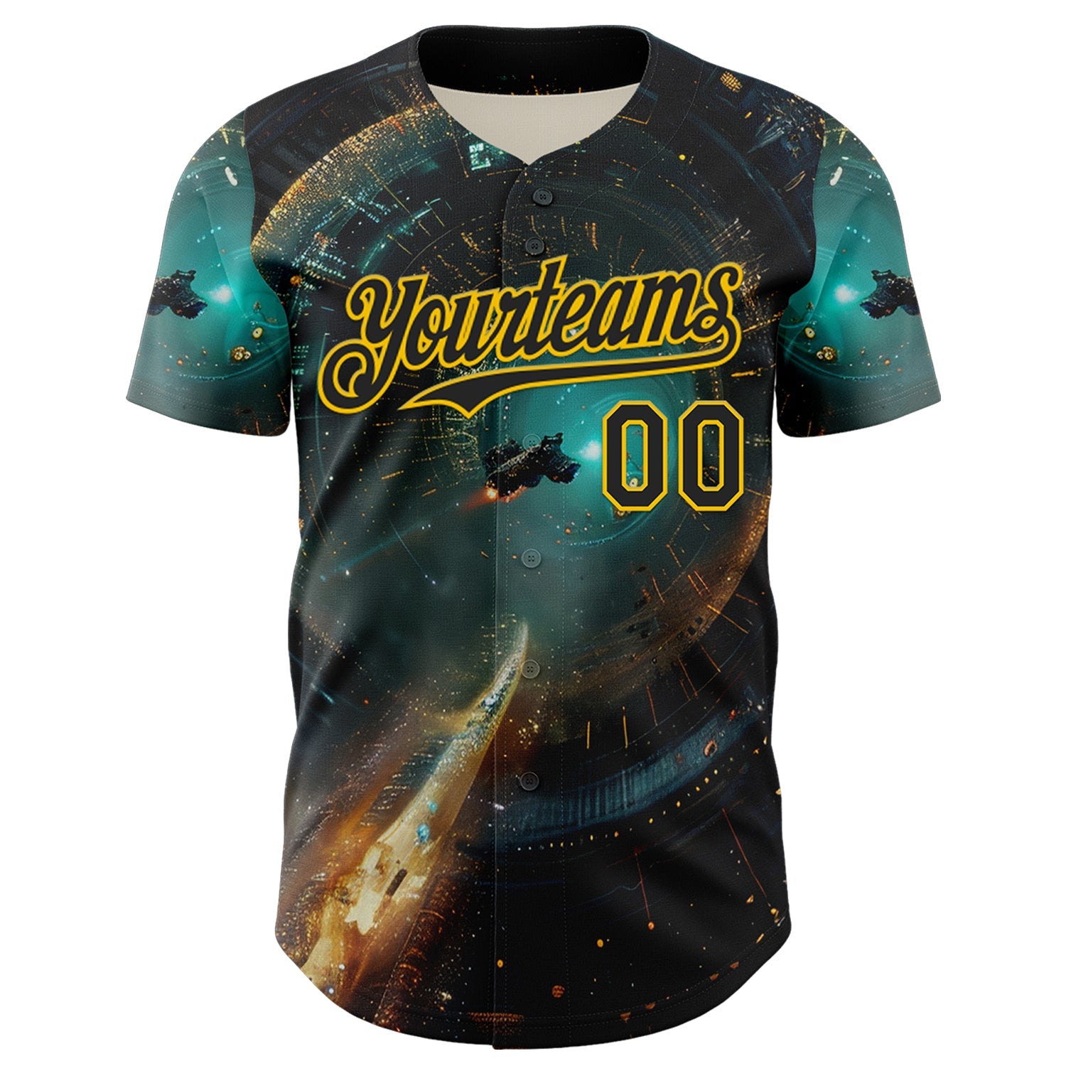 Custom Blue Black-Yellow 3D Pattern Design Outer Space Starships Authentic Baseball Jersey view 2