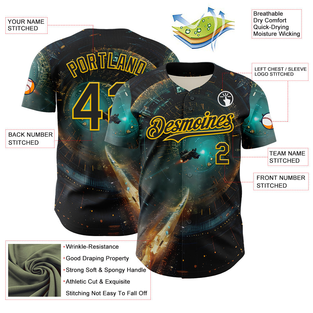 Custom Blue Black-Yellow 3D Pattern Design Outer Space Starships Authentic Baseball Jersey view 3