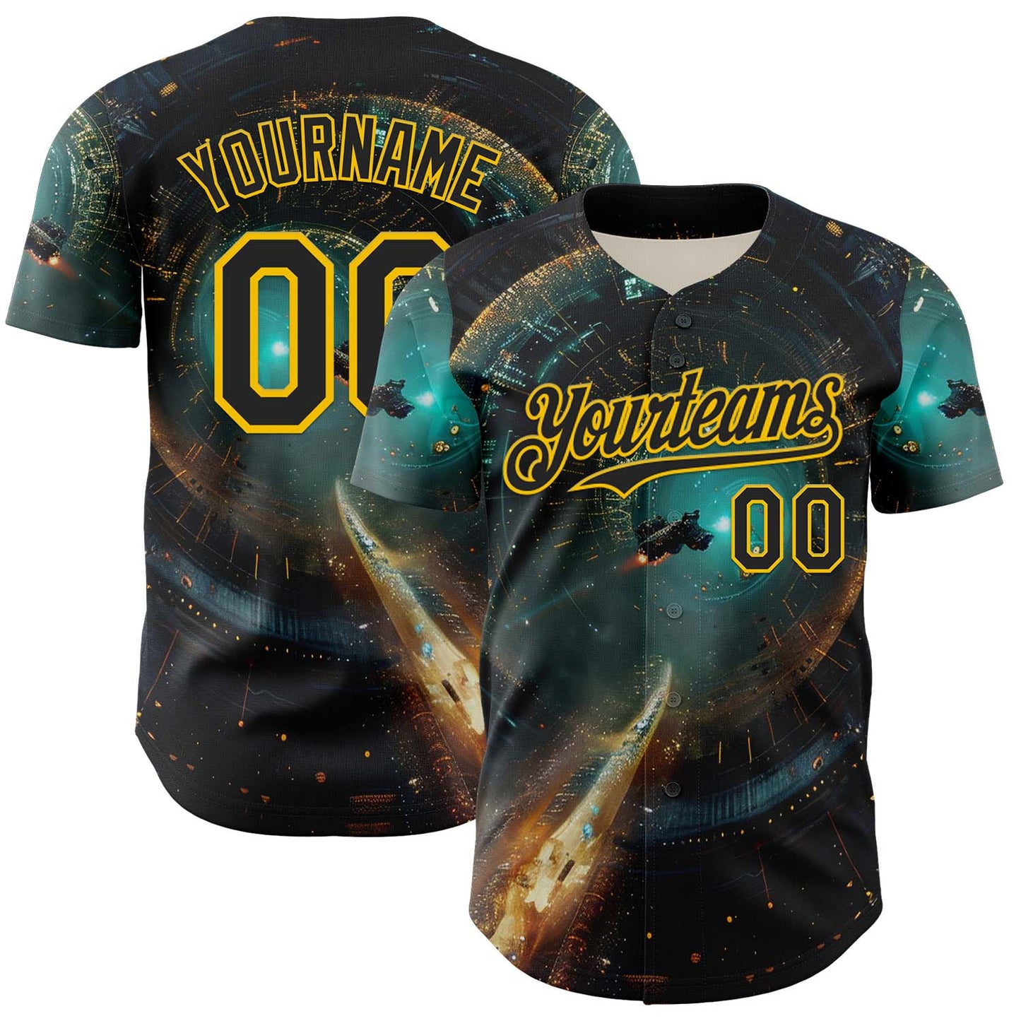 Custom Blue Black-Yellow 3D Pattern Design Outer Space Starships Authentic Baseball Jersey - Main View