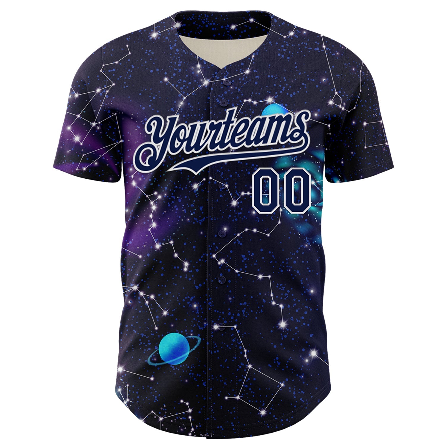 Custom Dark Purple Navy-White 3D Pattern Design Outer Space Galaxy Solar Authentic Baseball Jersey view 2