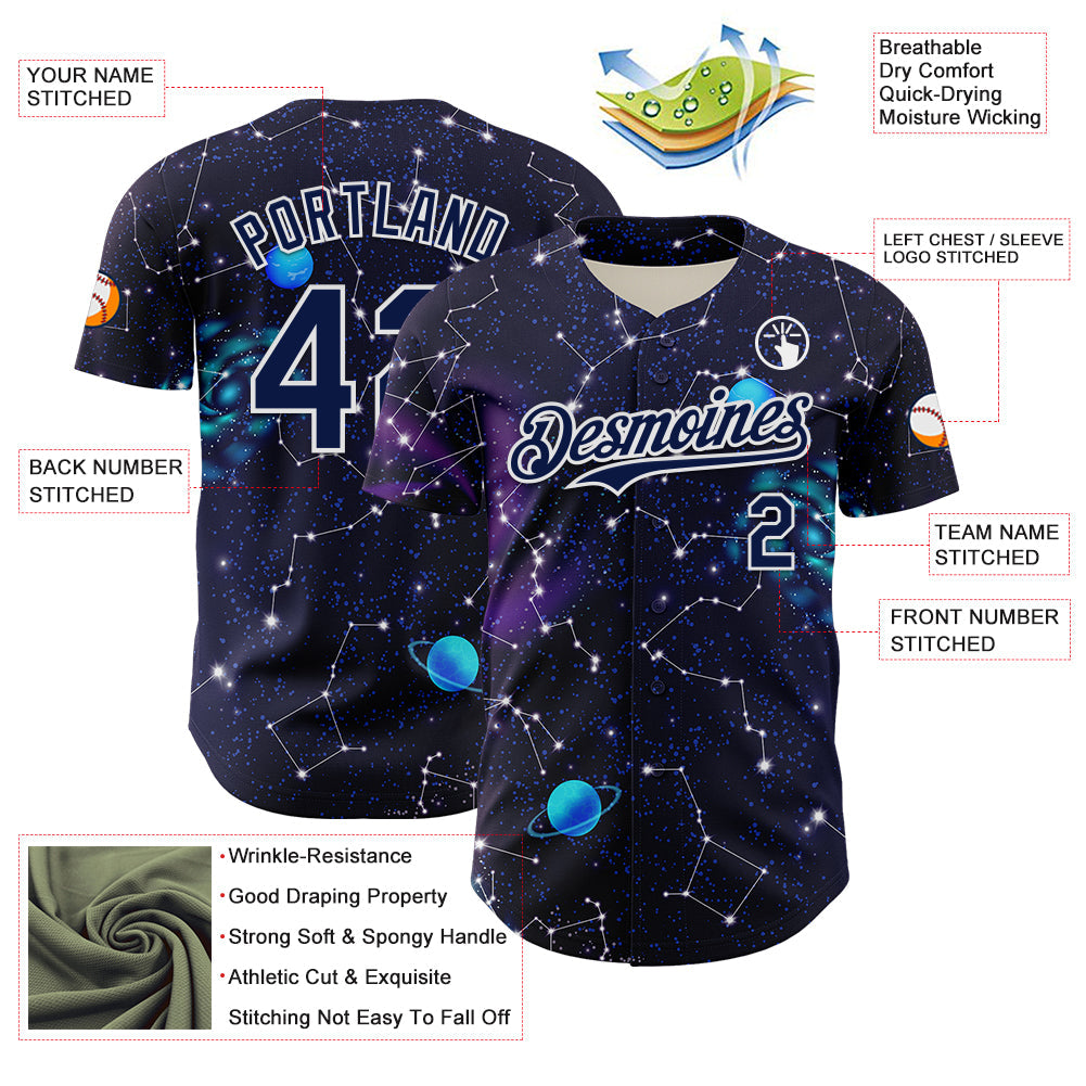 Custom Dark Purple Navy-White 3D Pattern Design Outer Space Galaxy Solar Authentic Baseball Jersey view 3
