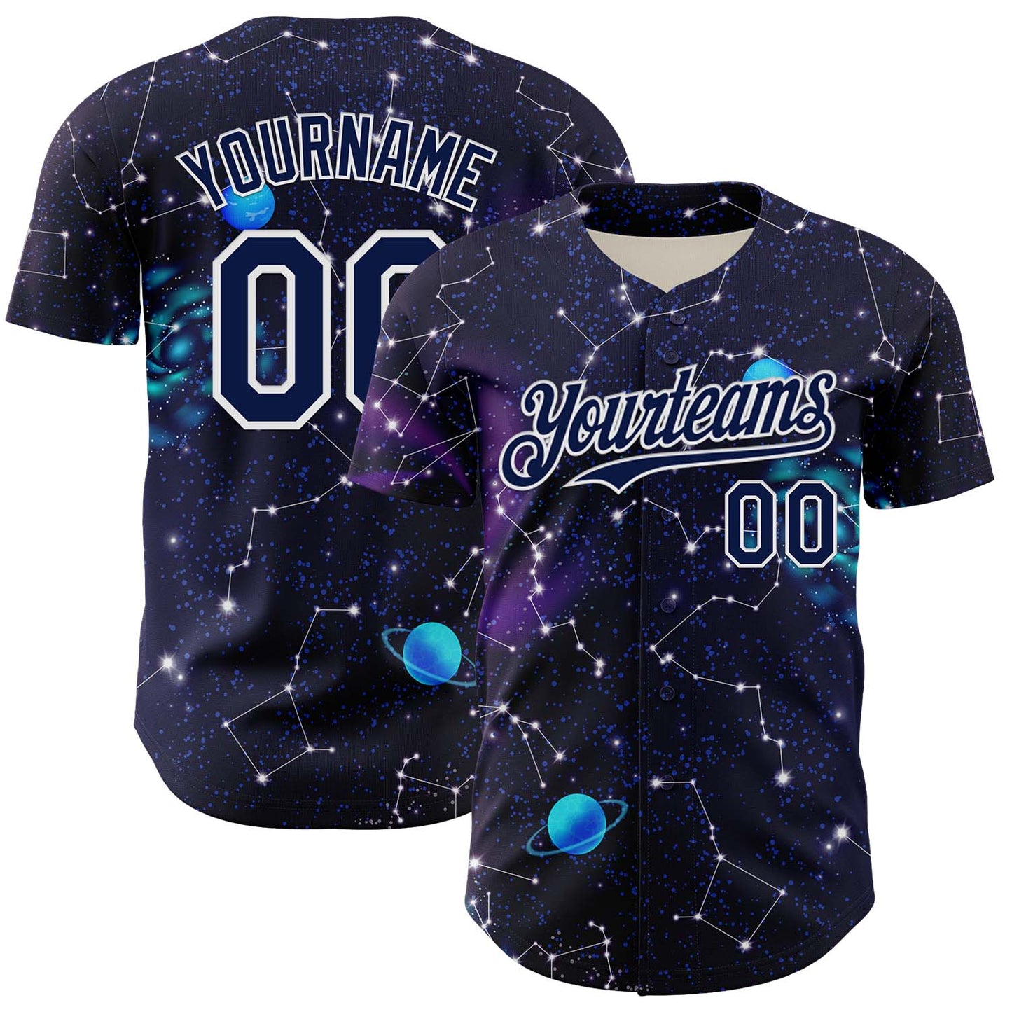 Custom Dark Purple Navy-White 3D Pattern Design Outer Space Galaxy Solar Authentic Baseball Jersey - Main View