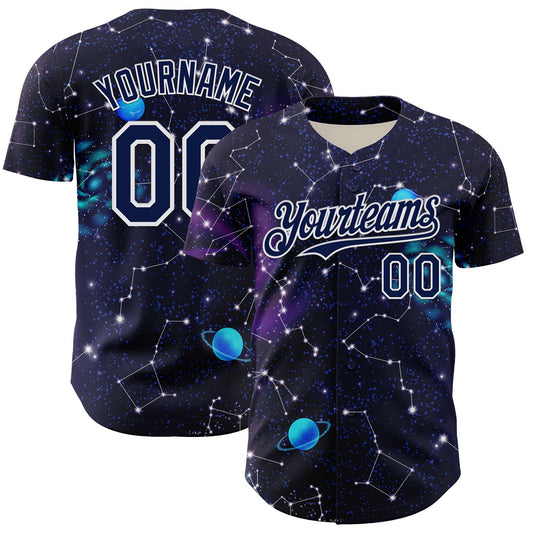 Custom Dark Purple Navy-White 3D Pattern Design Outer Space Galaxy Solar Authentic Baseball Jersey - Main View