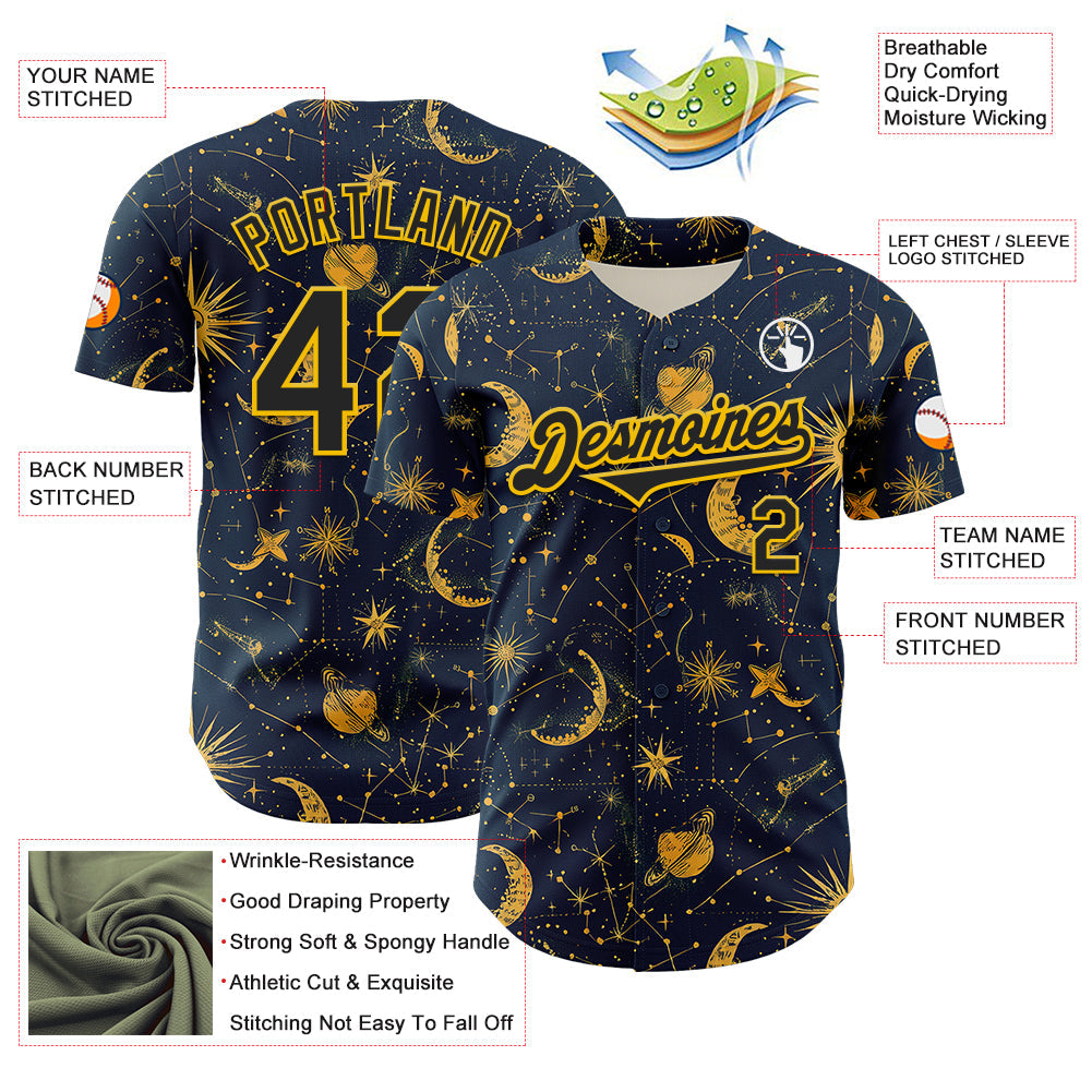 Custom Blue Black-Yellow 3D Pattern Design Outer Space Galaxy Solar Authentic Baseball Jersey view 3