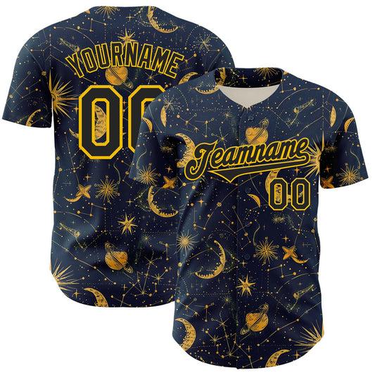 Custom Blue Black-Yellow 3D Pattern Design Outer Space Galaxy Solar Authentic Baseball Jersey - Main View
