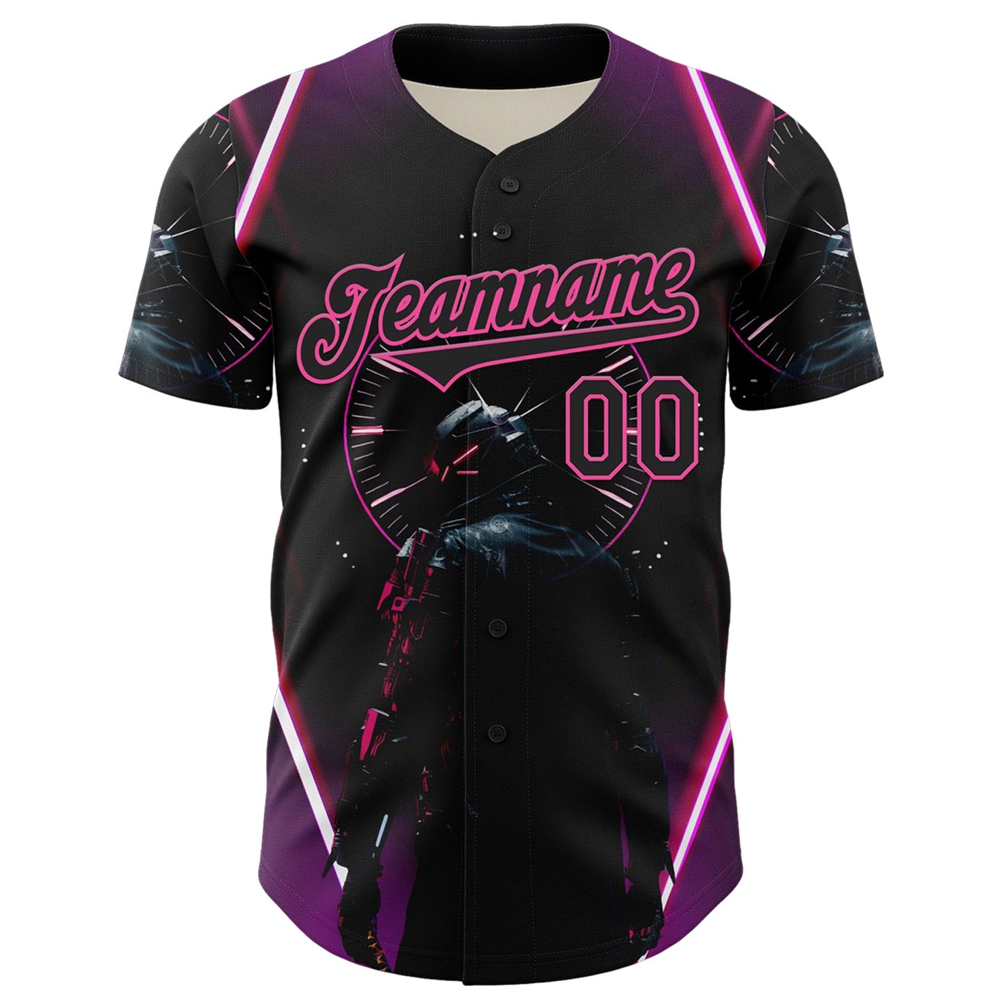 Custom Blue Black-Pink 3D Pattern Design Outer Space Light Swords Authentic Baseball Jersey view 2