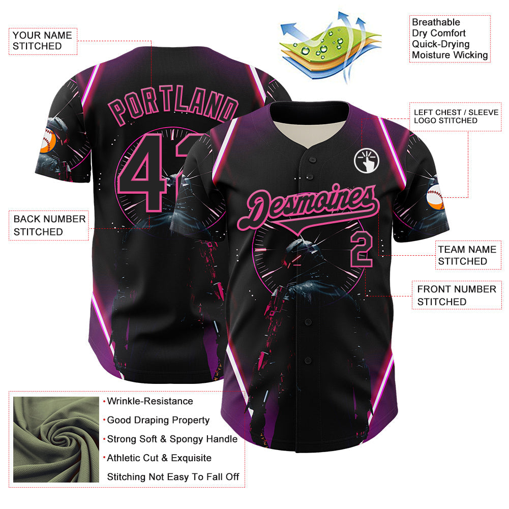 Custom Blue Black-Pink 3D Pattern Design Outer Space Light Swords Authentic Baseball Jersey view 3
