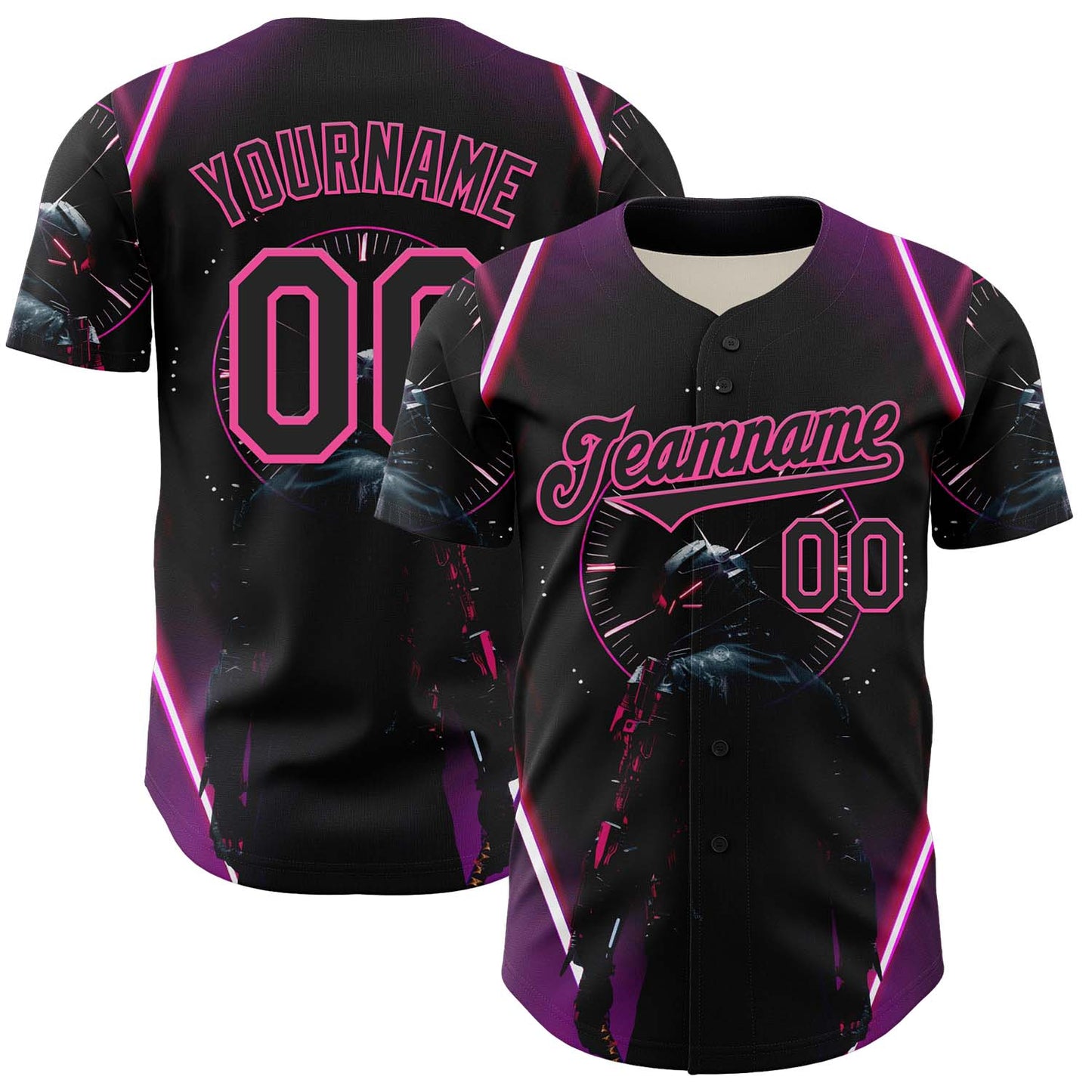 Custom Blue Black-Pink 3D Pattern Design Outer Space Light Swords Authentic Baseball Jersey - Main View