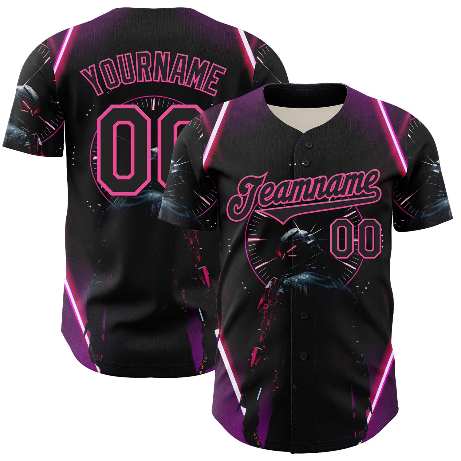 Custom Blue Black-Pink 3D Pattern Design Outer Space Light Swords Authentic Baseball Jersey - Main View