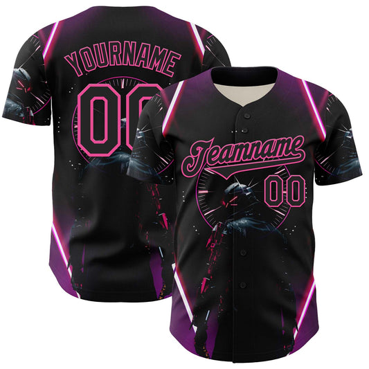 Custom Blue Black-Pink 3D Pattern Design Outer Space Light Swords Authentic Baseball Jersey - Main View