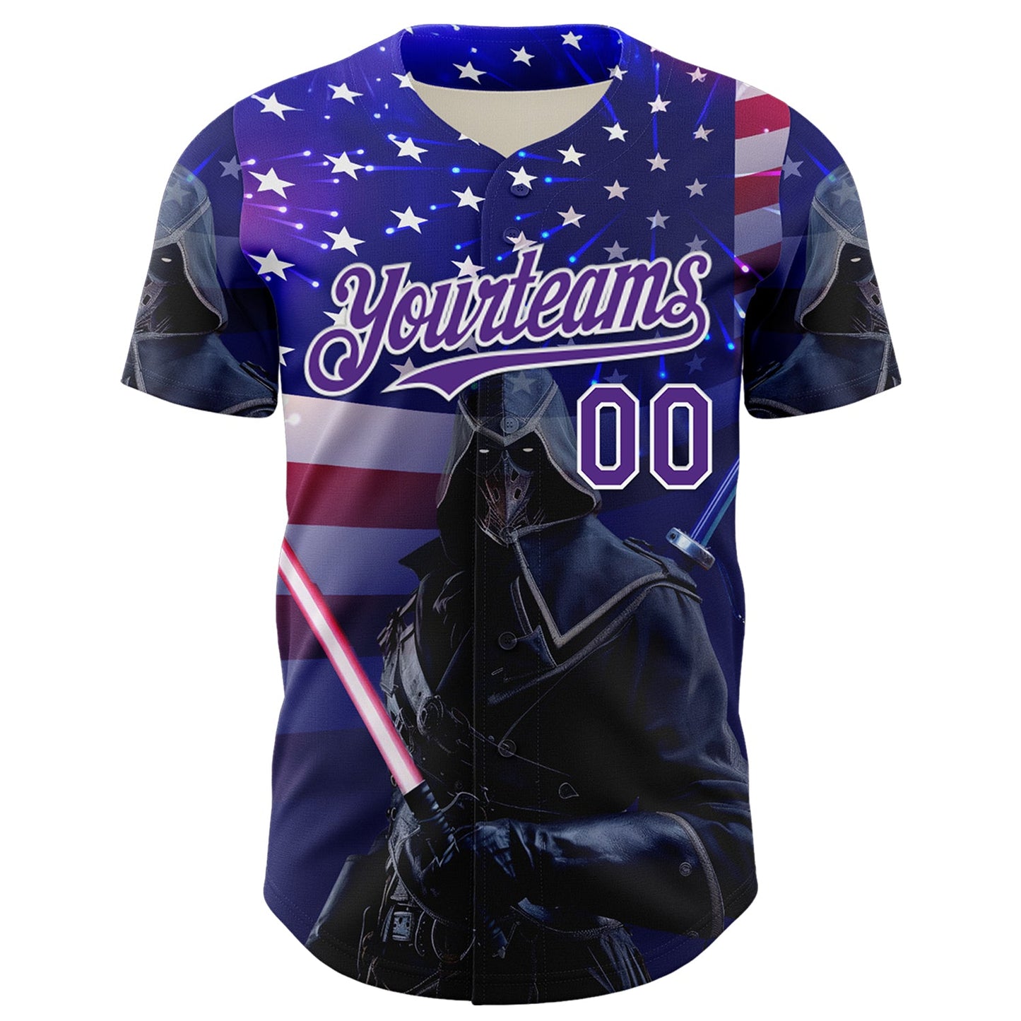Custom Blue Purple-White 3D Pattern Design Outer Space Light Swords American Flag Authentic Baseball Jersey view 2