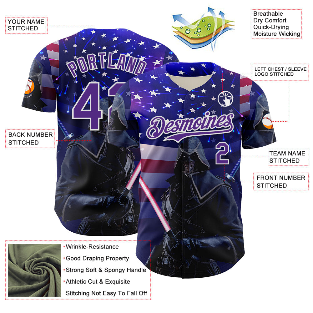 Custom Blue Purple-White 3D Pattern Design Outer Space Light Swords American Flag Authentic Baseball Jersey view 3