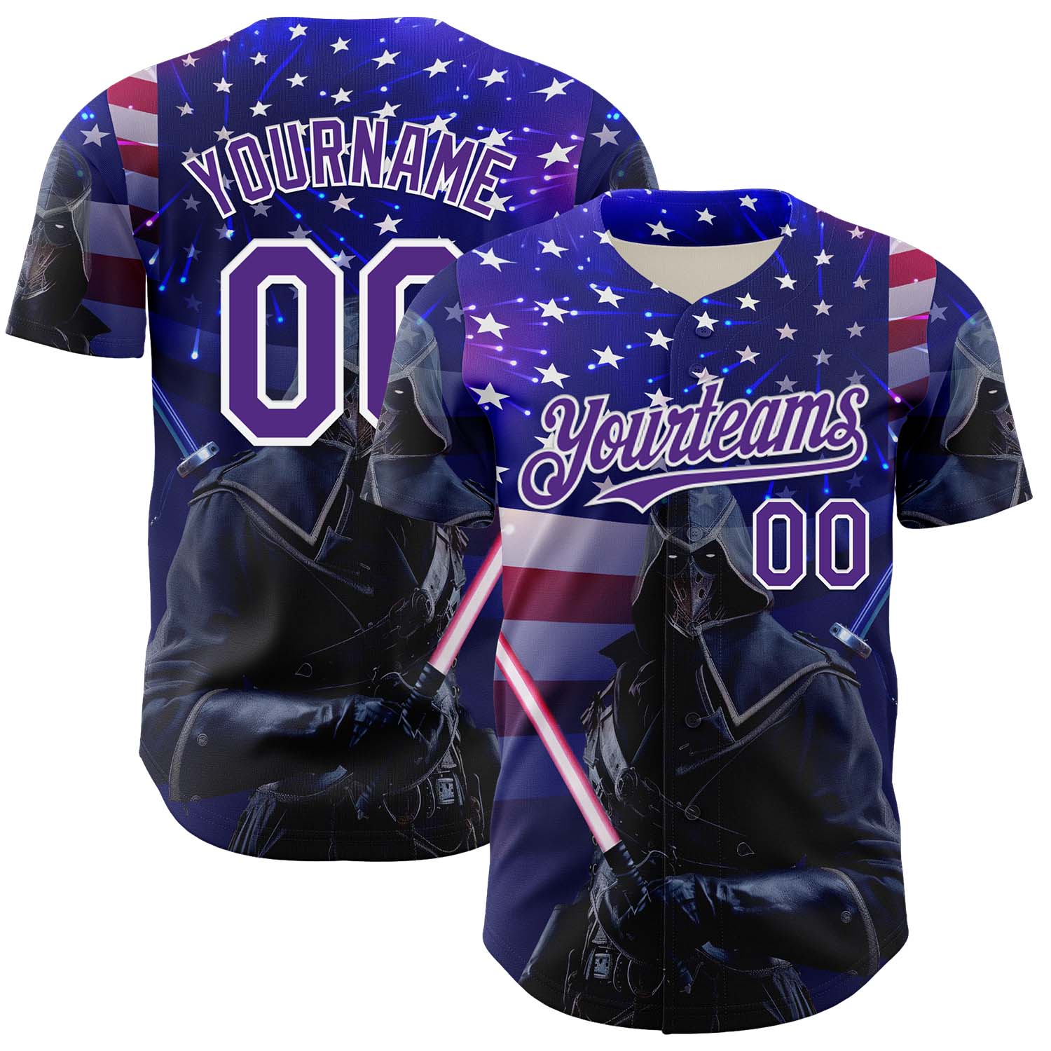 Custom Blue Purple-White 3D Pattern Design Outer Space Light Swords American Flag Authentic Baseball Jersey - Main View