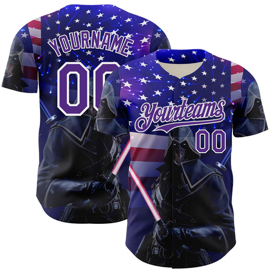 Custom Blue Purple-White 3D Pattern Design Outer Space Light Swords American Flag Authentic Baseball Jersey - Main View