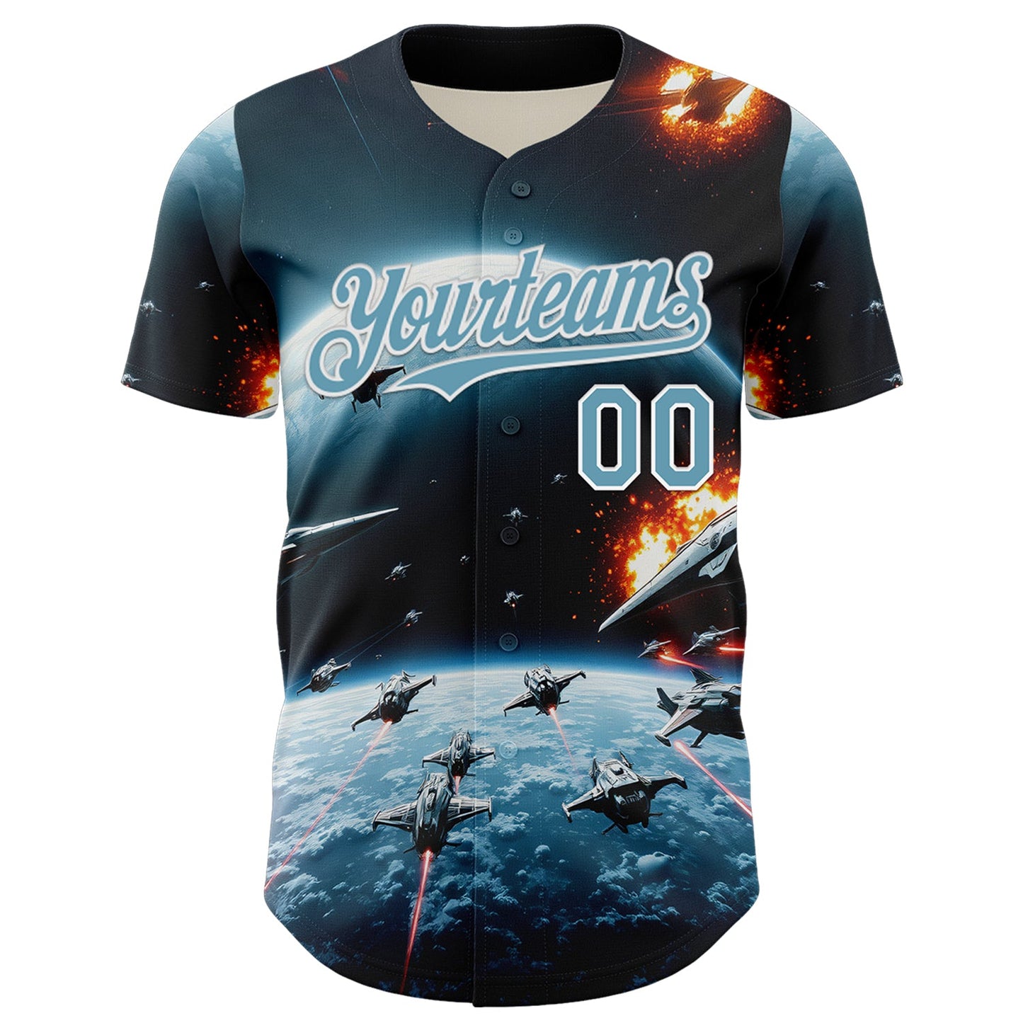 Custom Blue Shadow Blue-White 3D Pattern Design Outer Space Starships Authentic Baseball Jersey view 2