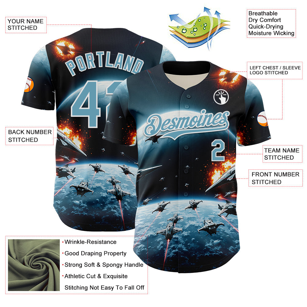 Custom Blue Shadow Blue-White 3D Pattern Design Outer Space Starships Authentic Baseball Jersey view 3
