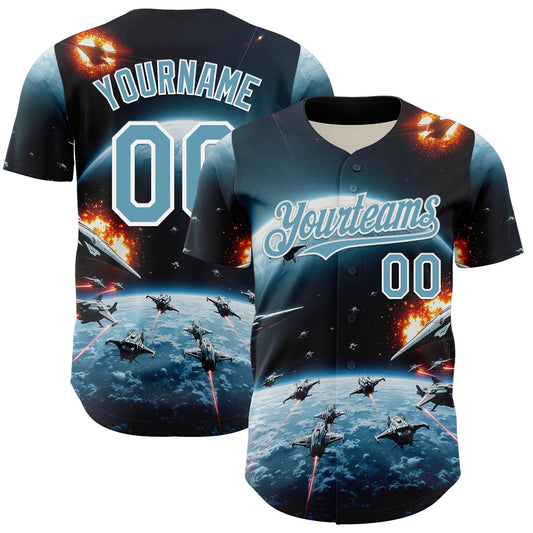 Custom Blue Shadow Blue-White 3D Pattern Design Outer Space Starships Authentic Baseball Jersey - Main View