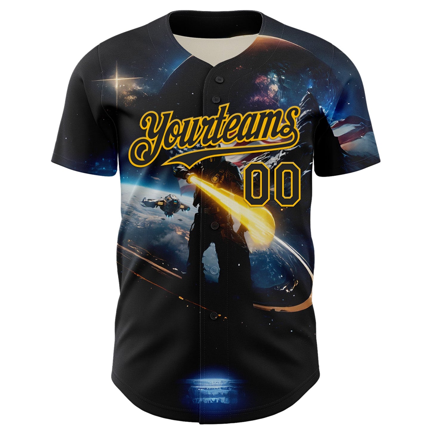 Custom Black Gold 3D Pattern Design Outer Space Light Swords American Flag Authentic Baseball Jersey view 2