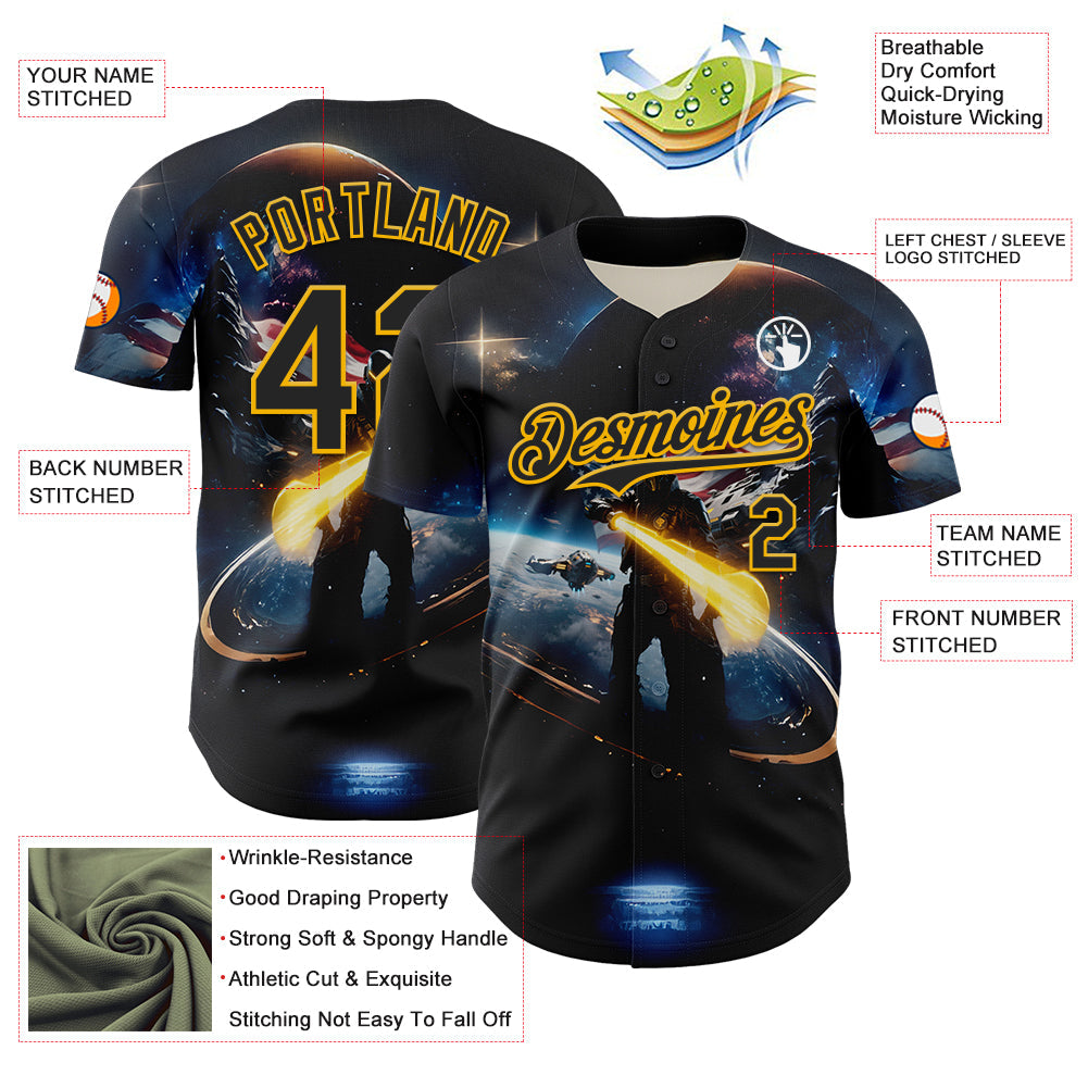 Custom Black Gold 3D Pattern Design Outer Space Light Swords American Flag Authentic Baseball Jersey view 3