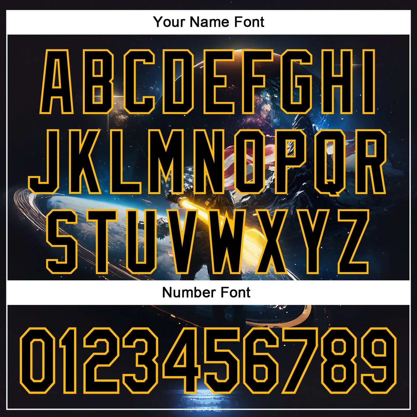 Custom Black Gold 3D Pattern Design Outer Space Light Swords American Flag Authentic Baseball Jersey view 5