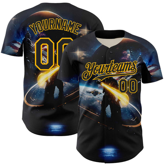Custom Black Gold 3D Pattern Design Outer Space Light Swords American Flag Authentic Baseball Jersey - Main View