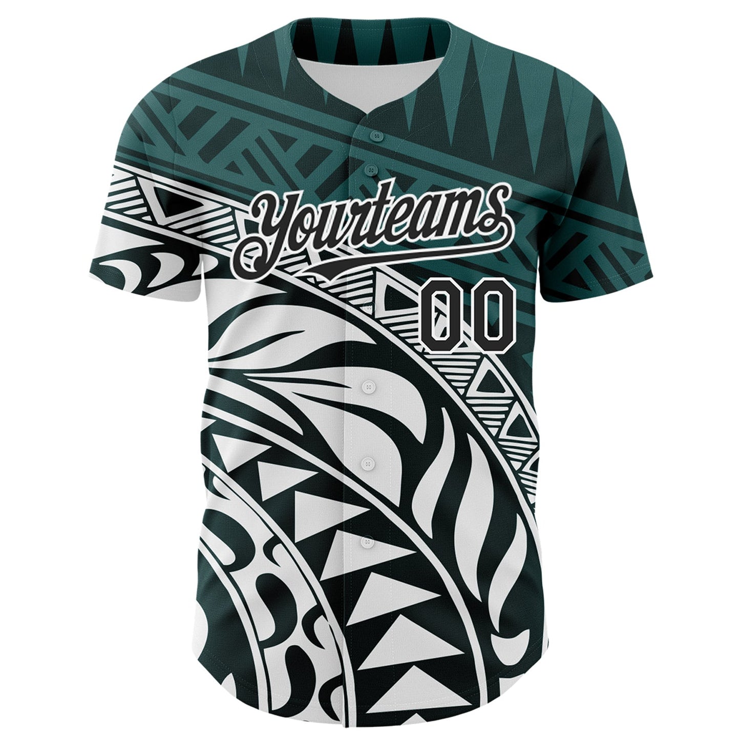 Custom Teal Black-White 3D Polynesian Style Islander Authentic Baseball Jersey view 2