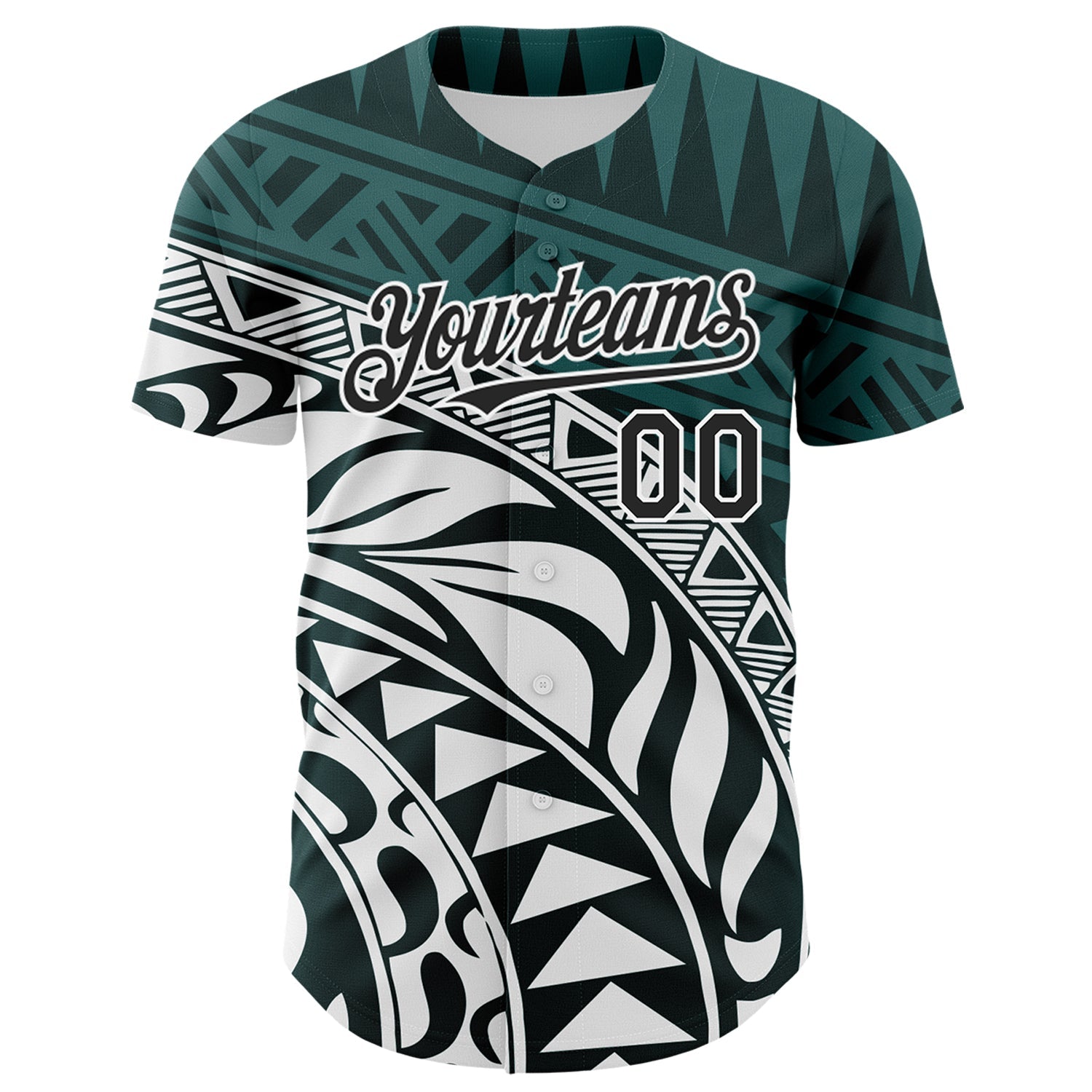 Custom Teal Black-White 3D Polynesian Style Islander Authentic Baseball Jersey view 2