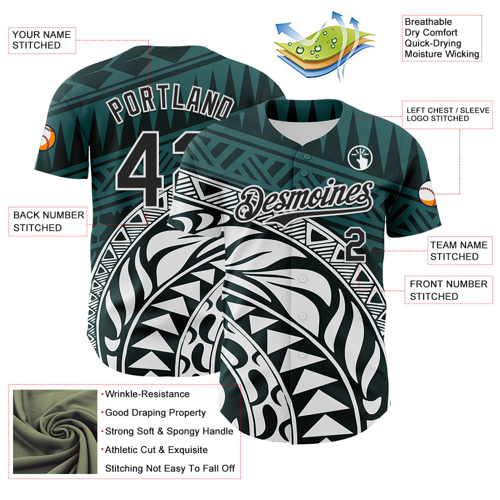 Custom Teal Black-White 3D Polynesian Style Islander Authentic Baseball Jersey view 3