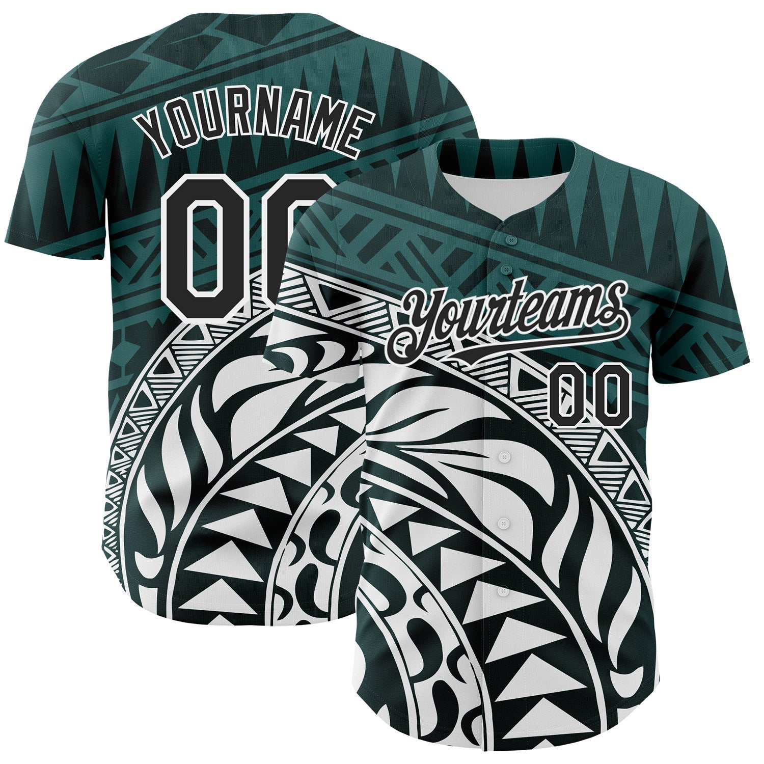 Custom Teal Black-White 3D Polynesian Style Islander Authentic Baseball Jersey - Main View
