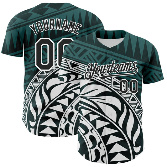 Custom Teal Black-White 3D Polynesian Style Islander Authentic Baseball Jersey - Main View