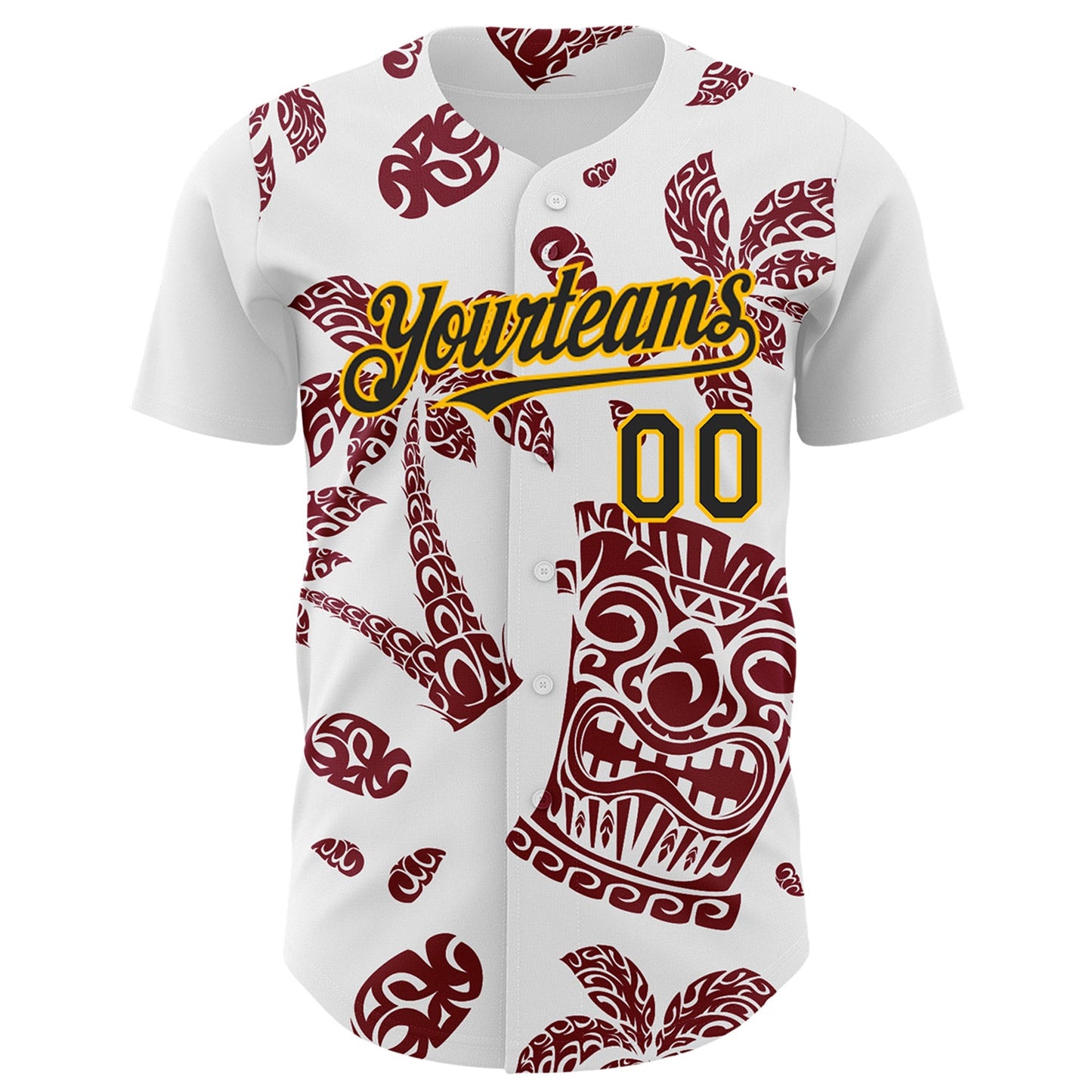 Custom White Black Crimson-Gold 3D Polynesian Style Tiki Culture Islander Authentic Baseball Jersey view 2