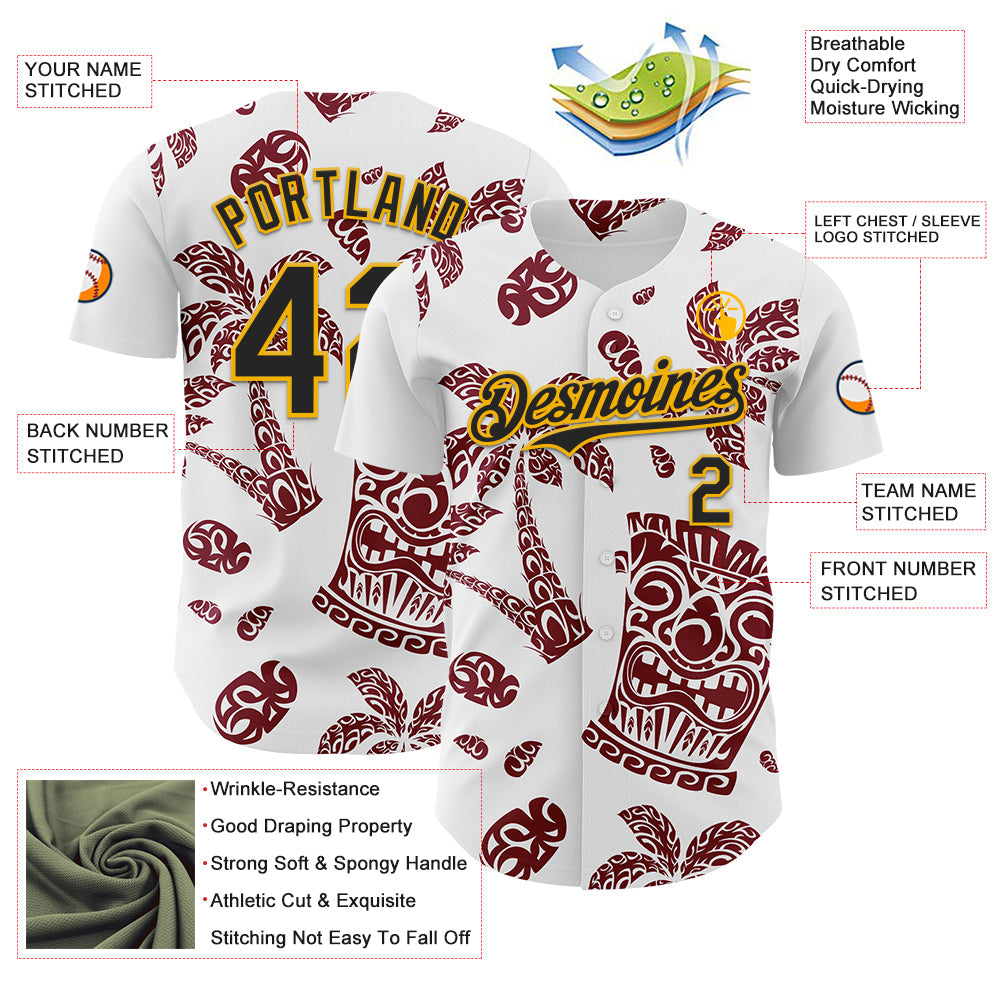 Custom White Black Crimson-Gold 3D Polynesian Style Tiki Culture Islander Authentic Baseball Jersey view 3