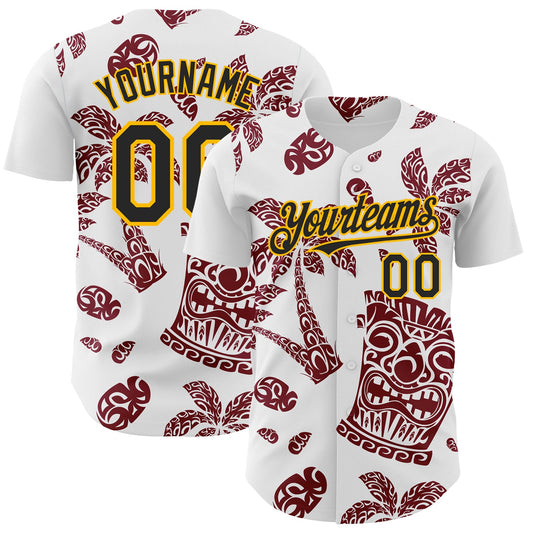 Custom White Black Crimson-Gold 3D Polynesian Style Tiki Culture Islander Authentic Baseball Jersey - Main View