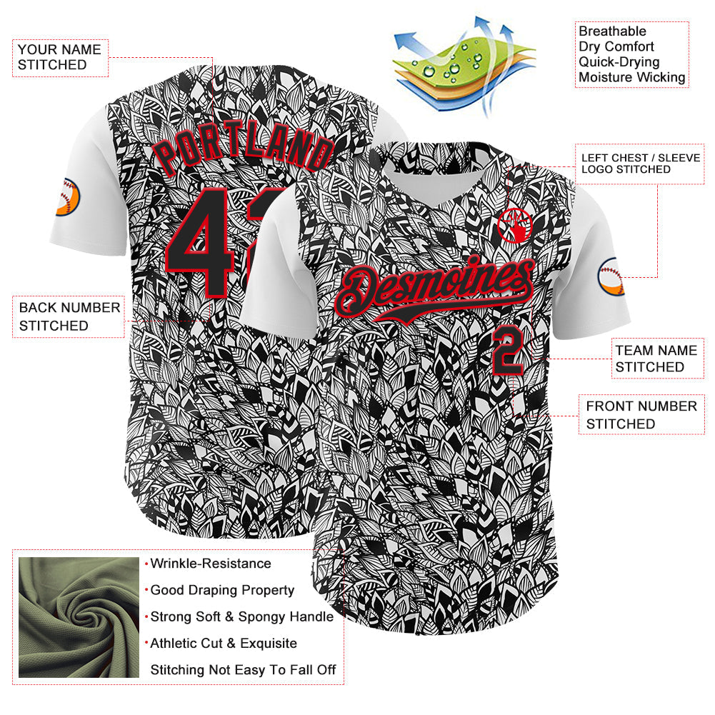 Custom White Black-Fire Red 3D Polynesian Style Islander Authentic Baseball Jersey view 3