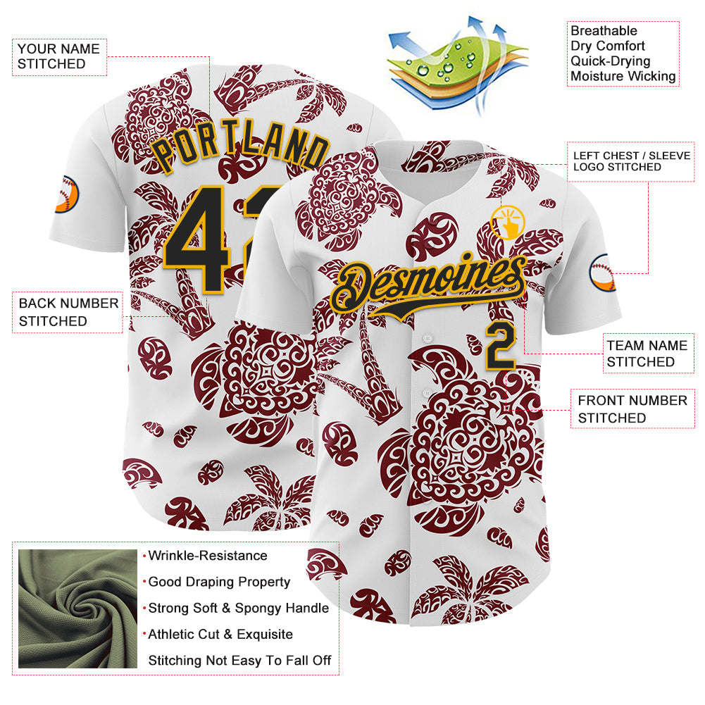 Custom White Black Crimson-Gold 3D Polynesian Style Palm Trees Islander Authentic Baseball Jersey view 3