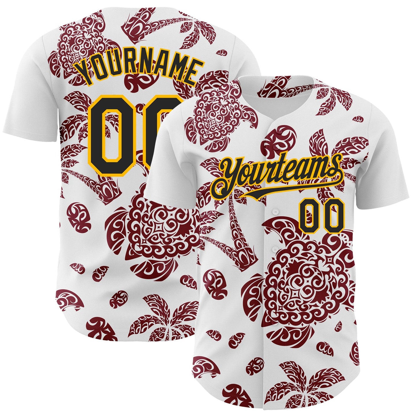 Custom White Black Crimson-Gold 3D Polynesian Style Palm Trees Islander Authentic Baseball Jersey - Main View