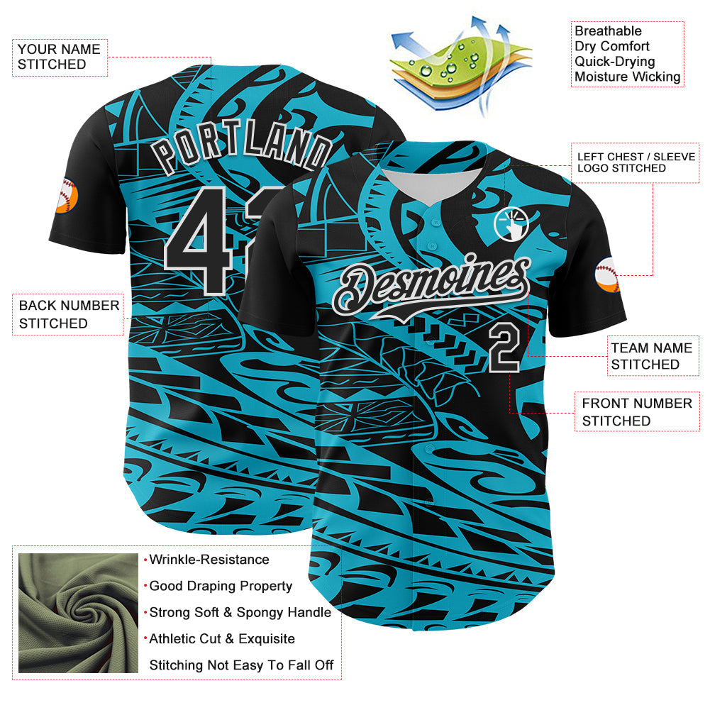 Custom Black Lakes Blue-White 3D Polynesian Style Islander Authentic Baseball Jersey view 3