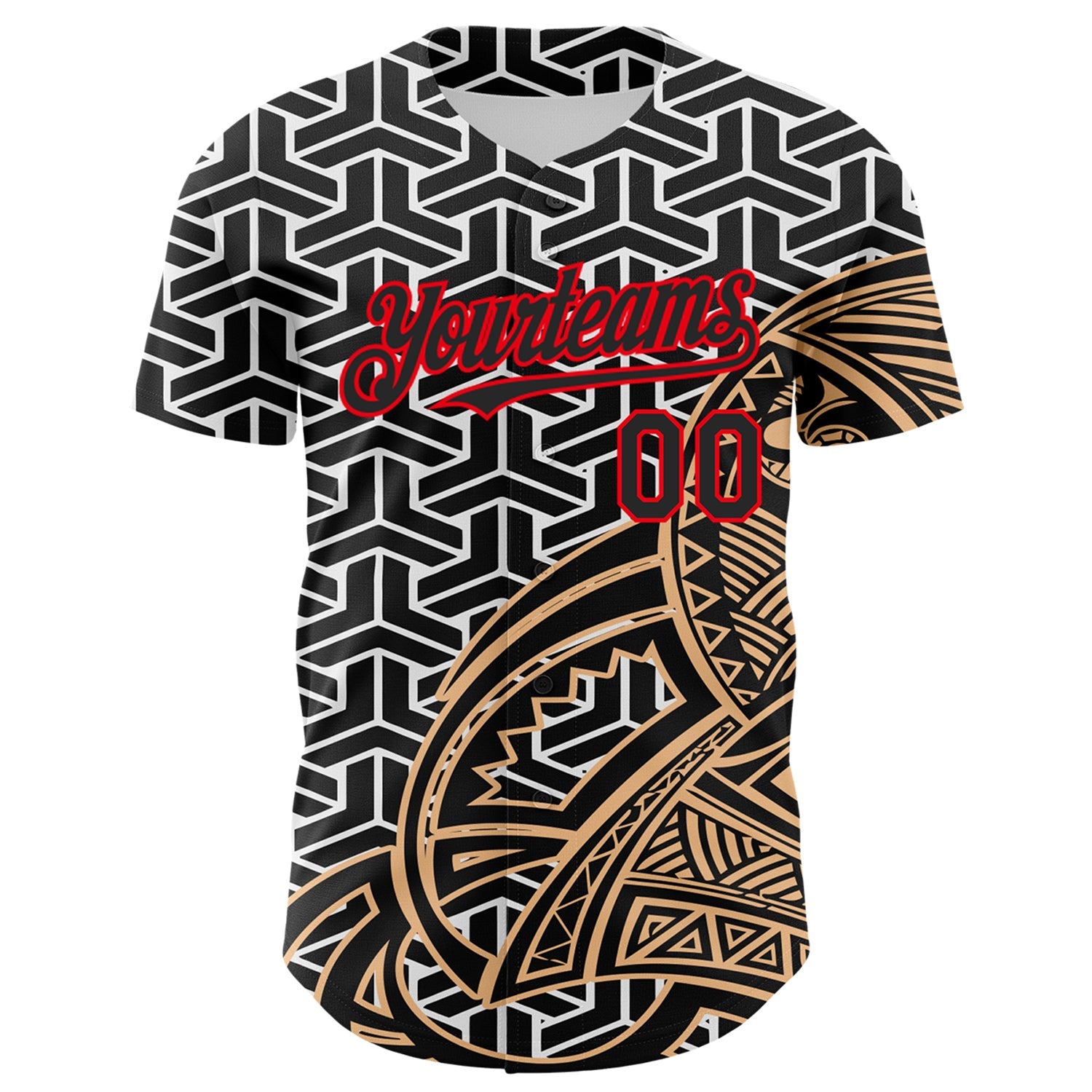 Custom White Black Old Gold-Fire Red 3D Polynesian Style Islander Authentic Baseball Jersey view 2