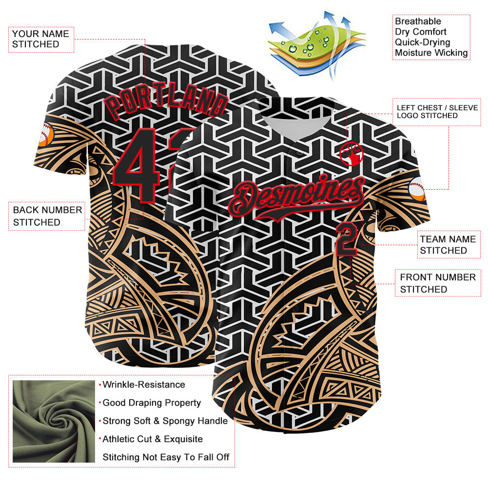 Custom White Black Old Gold-Fire Red 3D Polynesian Style Islander Authentic Baseball Jersey view 3