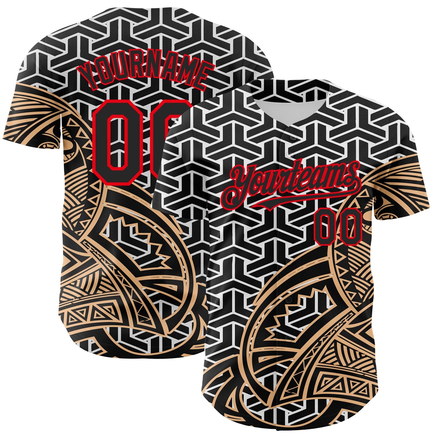Custom White Black Old Gold-Fire Red 3D Polynesian Style Islander Authentic Baseball Jersey - Main View