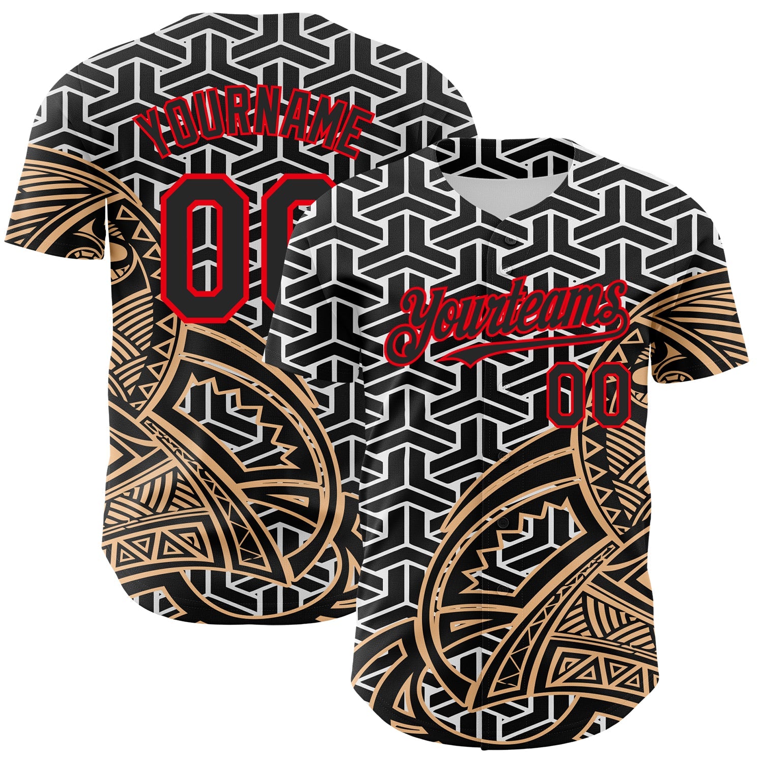 Custom White Black Old Gold-Fire Red 3D Polynesian Style Islander Authentic Baseball Jersey - Main View