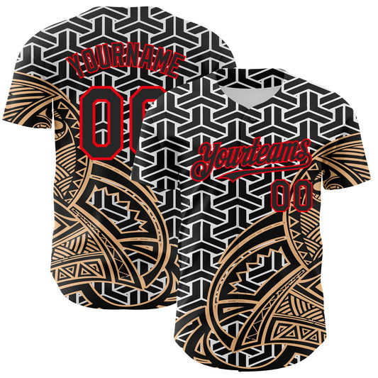 Custom White Black Old Gold-Fire Red 3D Polynesian Style Islander Authentic Baseball Jersey - Main View