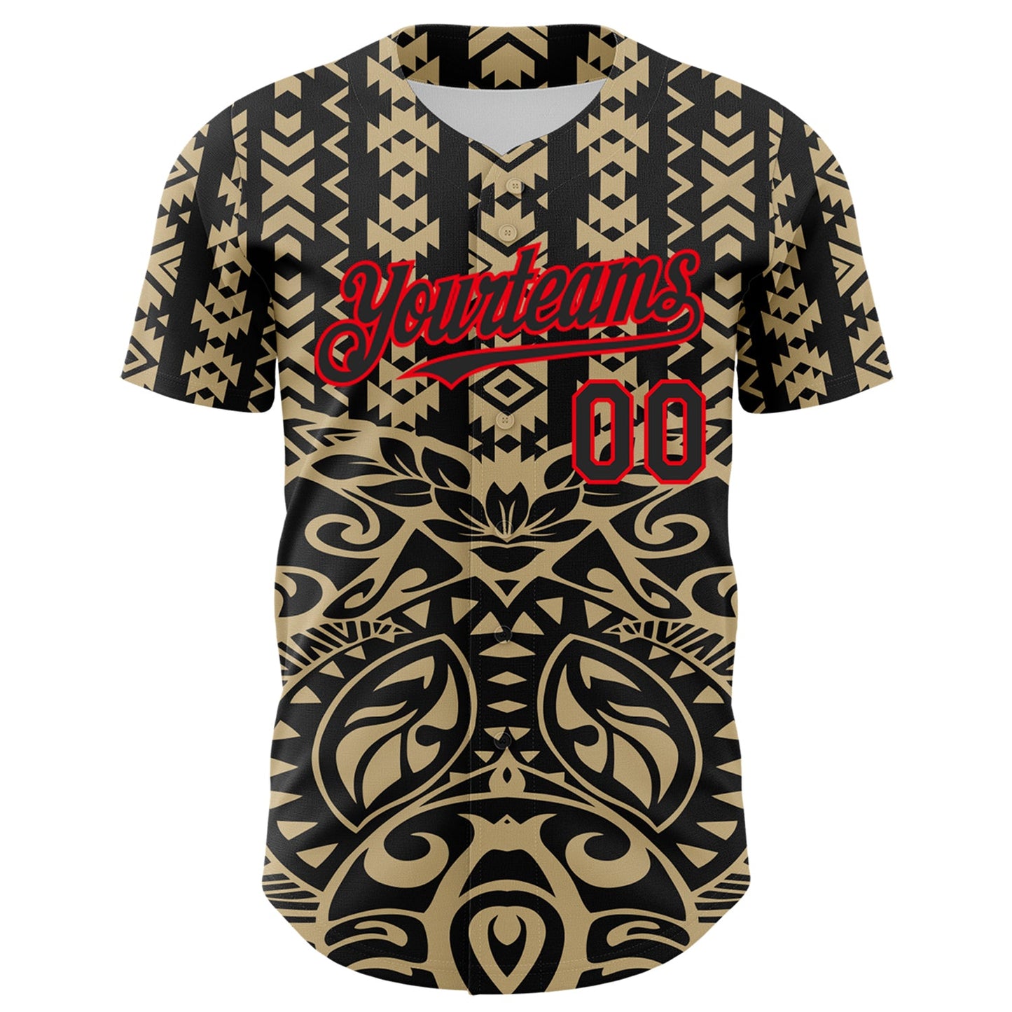 Custom Black Vegas Gold-Fire Red 3D Polynesian Style Islander Authentic Baseball Jersey view 2