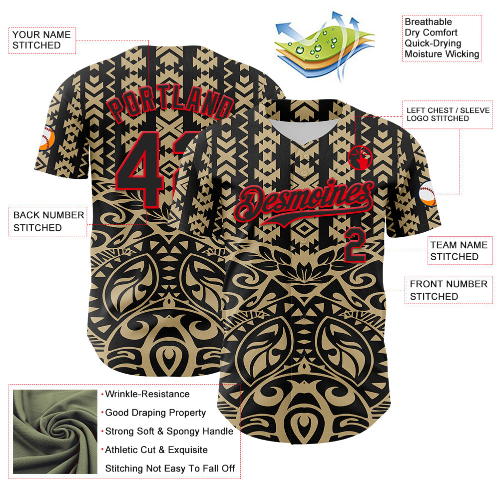 Custom Black Vegas Gold-Fire Red 3D Polynesian Style Islander Authentic Baseball Jersey view 3