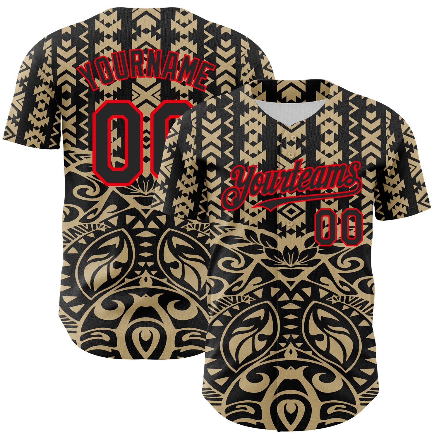 Custom Black Vegas Gold-Fire Red 3D Polynesian Style Islander Authentic Baseball Jersey - Main View