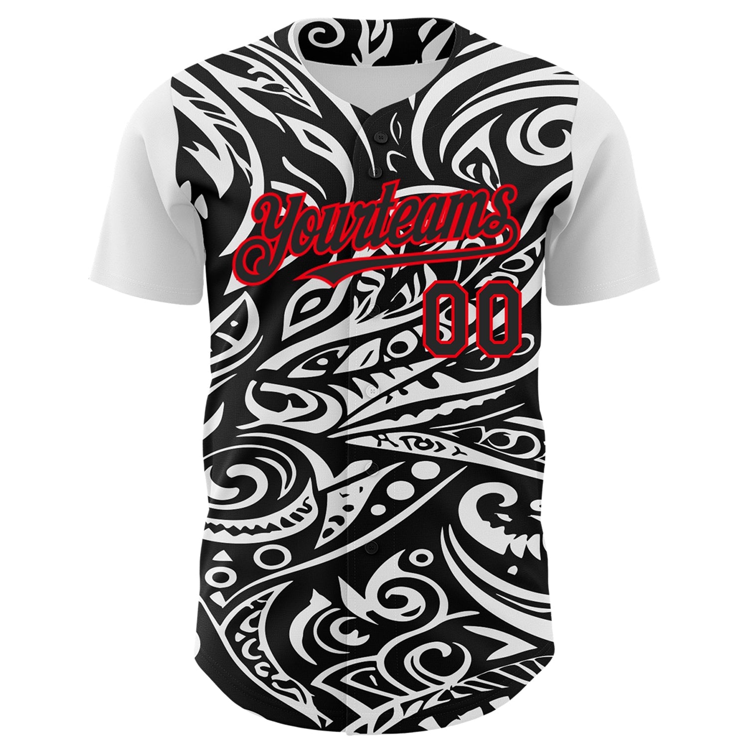 Custom Black White-Fire Red 3D Polynesian Style Islander Authentic Baseball Jersey view 2