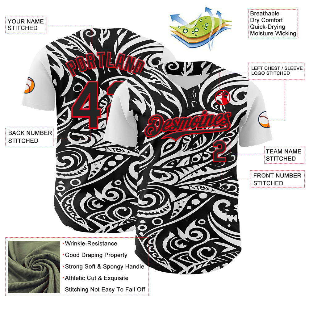 Custom Black White-Fire Red 3D Polynesian Style Islander Authentic Baseball Jersey view 3